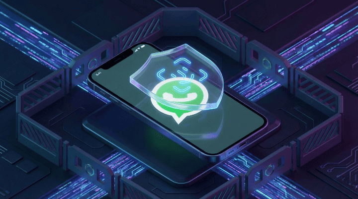 iPhone com escudo holográfico ilustrando como bloquear o WhatsApp com Face ID.