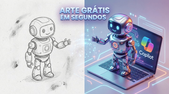 Laptop mostrando a transformação de esboço em arte final ao criar imagens com IA grátis no Microsoft Copilot.