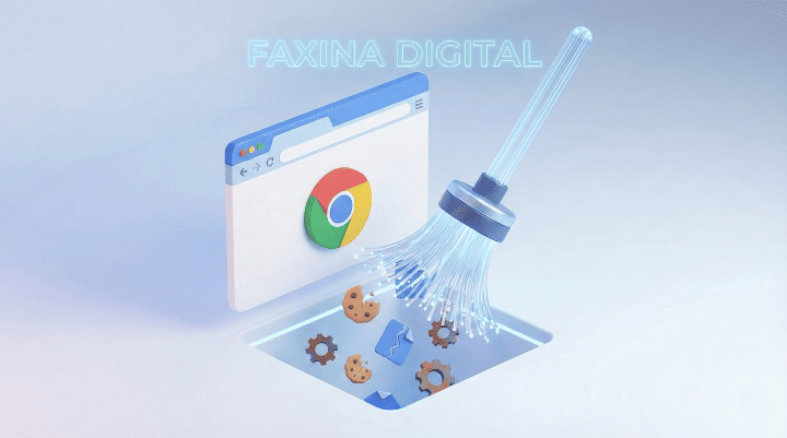 Ilustração de limpeza digital ensinando como limpar o cache do Chrome para resolver erros de navegação.