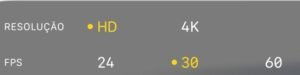 Menu de ajustes de câmera mostrando a seleção da resolução HD e a taxa de quadros em 30 FPS, destacados em amarelo.