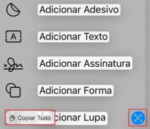 Interface de edição exibindo as funções "Copiar Tudo" e o ícone de reconhecimento de texto (Live Text) destacados em vermelho.