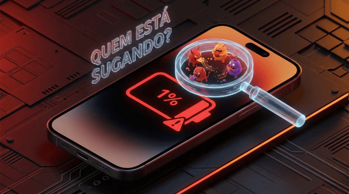iPhone com bateria fraca sendo analisado por uma lupa para mostrar apps que fazem a bateria do iPhone acabando rápido.