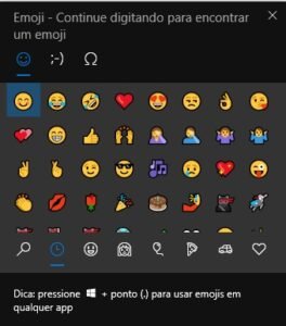 Painel de seleção de emojis do Windows com a dica: "pressione Windows + ponto (.) para usar emojis em qualquer app".