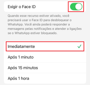 Ativando a opção para bloquear o WhatsApp com Face ID