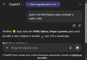 Interface limpa do ChatGPT gratuito respondendo dúvidas de texto.