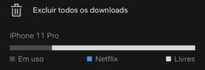 Interface de armazenamento do iPhone 11 Pro exibindo a opção "Excluir todos os downloads" da Netflix para liberar espaço em disco.