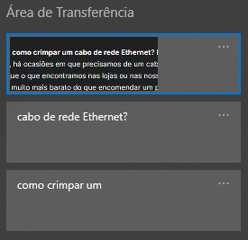 Menu de histórico do Windows mostrando como copiar e colar vários textos armazenados.
