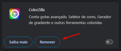 Na página de extensões do Google Chrome mostrando como remover a extensão.