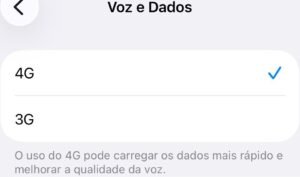 Menu "Voz e Dados" do iPhone com a rede "4G" selecionada para melhorar a qualidade da voz e velocidade de dados.