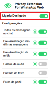 Menu detalhado de configurações da extensão, mostrando opções ativadas para esconder mensagens, pré-visualizações de mídia e fotos de perfil.