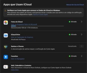 Interface do aplicativo iCloud para Windows exibindo as opções de sincronização para Fotos, iCloud Drive e Favoritos ativadas.