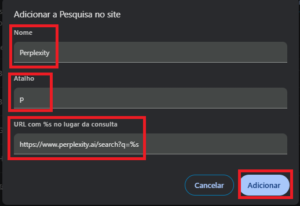 Janela de configuração de mecanismo de pesquisa do navegador preenchida para o Perplexity, mostrando o nome, o atalho '@p' e a URL de consulta personalizada.