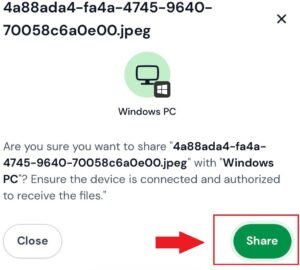 Janela de confirmação para compartilhar um arquivo JPEG com um "Windows PC", destacando o botão "Share" com uma seta vermelha.