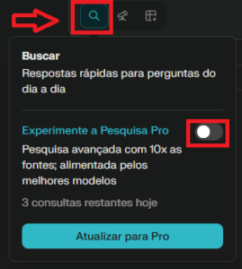 Menu suspenso do Perplexity com a opção 'Experimente a Pesquisa Pro' desativada, indicando que restam 3 consultas gratuitas e um botão azul escrito 'Atualizar para Pro'.