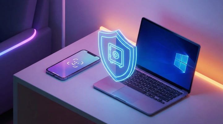 iPhone e Notebook sincronizados usando gerenciador de senhas para PC e iPhone com segurança.