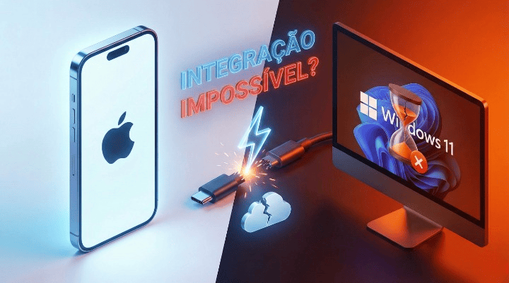 Comparativo entre iPhone e PC ilustrando a dificuldade de usar o iCloud para Windows.