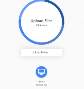 Tela de upload com botões circulares para selecionar arquivos ou pastas e identificação do dispositivo "Lemur Phone iOS".