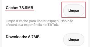 Interface do aplicativo TikTok mostrando a opção de limpar 78.5MB de cache para liberar espaço, com o botão "Limpar" destacado em vermelho.