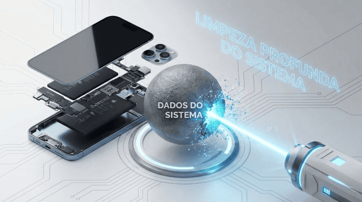 iPhone desmontado digitalmente mostrando como limpar Dados do Sistema iPhone e liberar espaço.