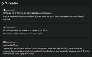 Lista detalhada de fontes citadas em uma pesquisa sobre a Copa do Mundo de 2014, exibindo links de sites como Época Globo, Futebol Brasil e Gazeta do Povo.