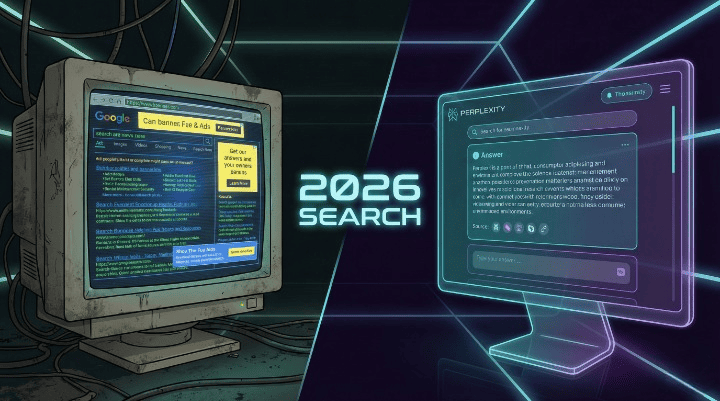 Comparativo visual entre a busca antiga do Google e a nova interface do Perplexity AI no PC.
