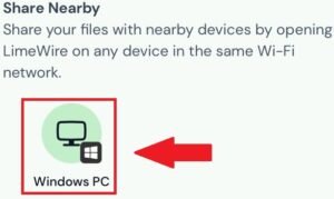 Seção "Share Nearby" mostrando o ícone de um computador com o logo do Windows, indicado por uma seta vermelha.