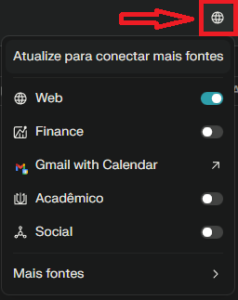 Menu de seleção de fontes (Focus) do Perplexity com opções para filtrar a busca por Web, Finance, Gmail com Calendar, Acadêmico e Social.