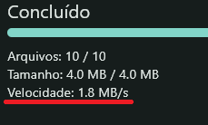 Painel exibindo "Concluído" para 10 arquivos transferidos, totalizando 4.0 MB a uma velocidade de 1.8 MB/s.