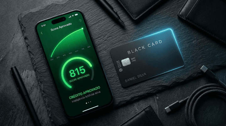 Smartphone e cartão black ilustrando a aprovação em cartão de crédito através de Inteligência Artificial.