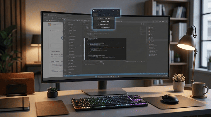 Monitor de computador moderno exibindo o menu superior de recorte de tela da Ferramenta de Captura ativada pelo atalho Win Shift S no Windows.