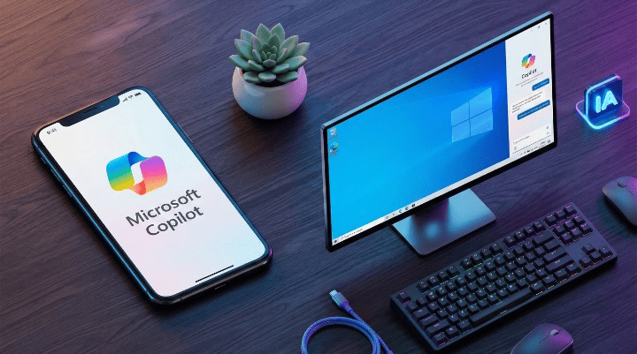 Setup com iPhone 11 Pro e PC mostrando como usar o Microsoft Copilot de graça em 2026.