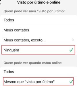 Menu de privacidade do WhatsApp com as opções "Ninguém" e "Mesmo que visto por último" selecionadas e destacadas em quadros vermelhos.