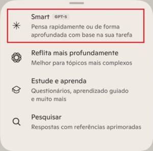 Menu de seleção de modelo no Copilot destacando a opção "Smart" com o selo "GPT-5", descrevendo que pensa rápido ou de forma aprofundada.