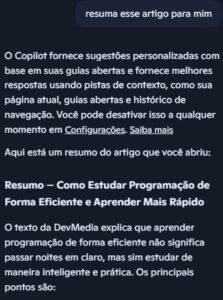 Exemplo de resumo gerado pelo Copilot para um artigo da DevMedia sobre como estudar programação de forma eficiente.