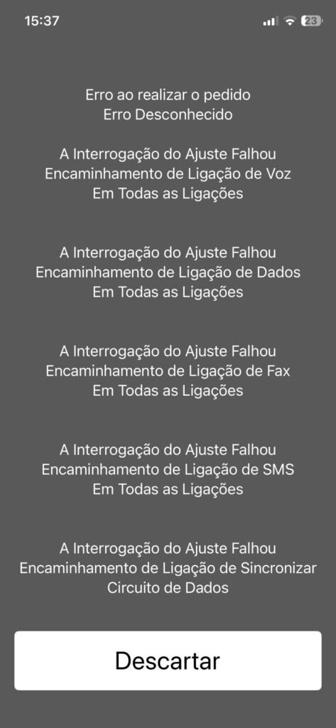 Tela de erro do sistema iOS com a mensagem "A Interrogação do Ajuste Falhou" para múltiplos serviços como voz, dados e SMS.