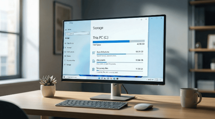 Monitor exibindo a tela de armazenamento do Windows após liberar gigabytes de espaço no Disco Local C.