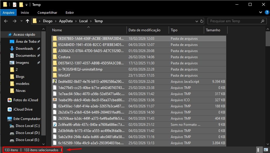 Janela do Explorador de Arquivos exibindo a pasta Temp com 133 itens selecionados para exclusão.