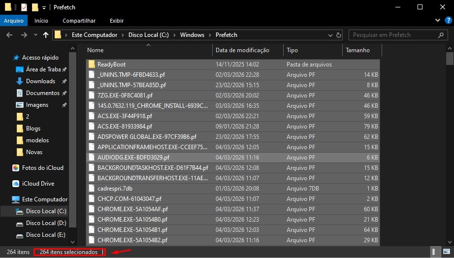 Captura de tela da pasta Prefetch no diretório do Windows com 264 itens selecionados para limpeza manual.