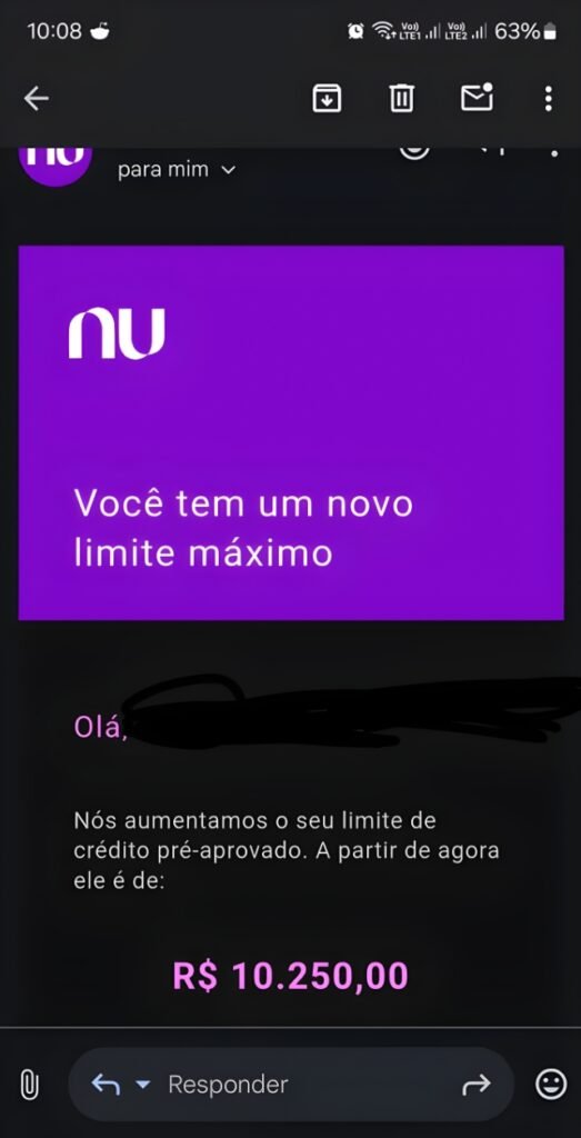 Email do Nubank informando um novo limite de crédito pré-aprovado de R$ 10.250,00.