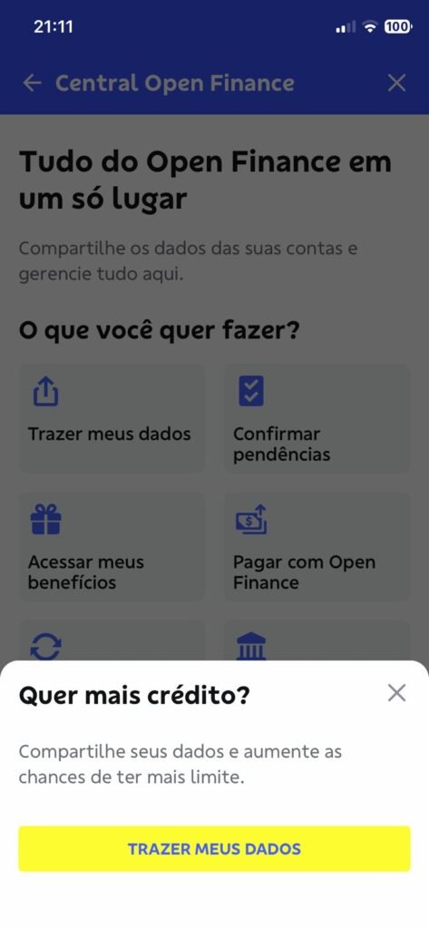 Interface da Central Open Finance no app do Banco do Brasil com o botão "Trazer Meus Dados" em destaque.