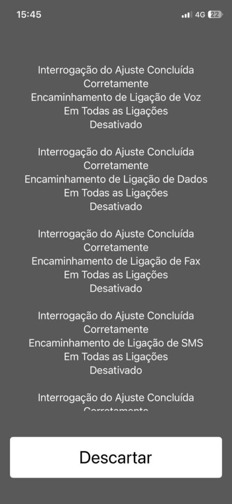 Relatório do sistema confirmando que o encaminhamento de ligação para voz, dados, fax e SMS está "Desativado".
