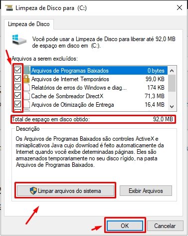 Janela do utilitário "Limpeza de Disco" com várias opções de exclusão marcadas e o botão "Limpar arquivos do sistema" em destaque.