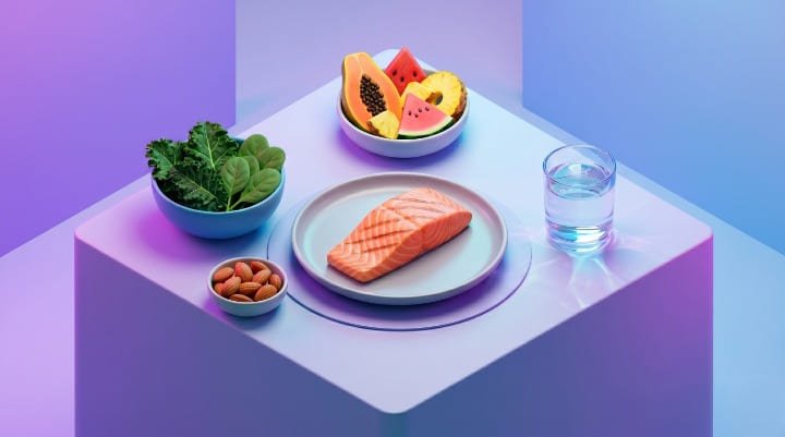 Refeição saudável com alimentos que ajudam a preservar a audição na terceira idade incluindo salmão e vegetais