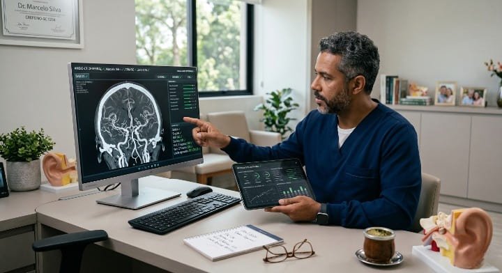 Radiologista analisando angiotomografia cerebral para identificar causa vascular de zumbido pulsátil