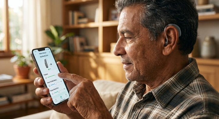 Idoso controlando aparelho auditivo com inteligência artificial pelo aplicativo no iPhone em tempo real