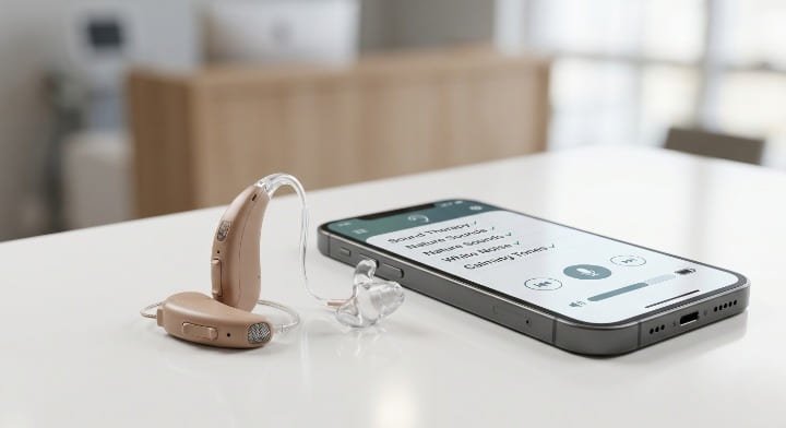 Aparelho auditivo moderno com função de mascaramento de zumbido ao lado de smartphone com aplicativo de terapia sonora