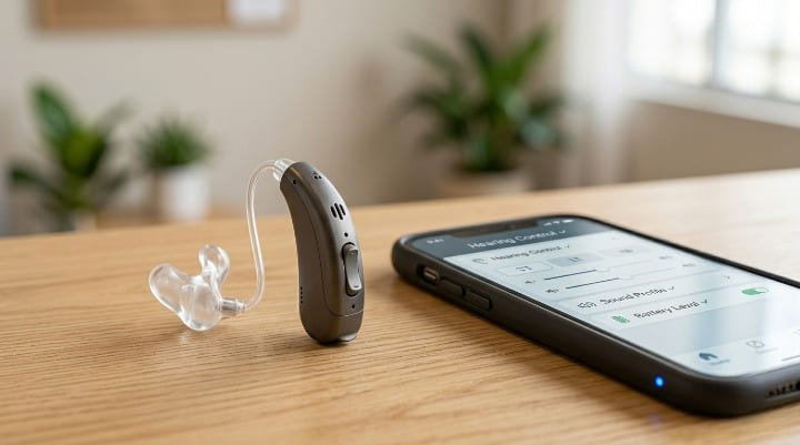 Aparelho auditivo moderno com função de mascaramento de zumbido conectado a smartphone via aplicativo