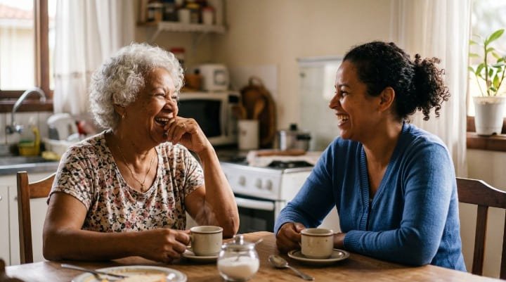 Idosa feliz conversando com a filha em casa, demonstrando a qualidade de vida e proteção cognitiva após o uso de aparelho auditivo.