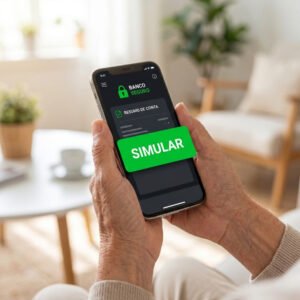 Mãos de um idoso segurando um celular com a tela de um aplicativo bancário seguro para simular financiamento.