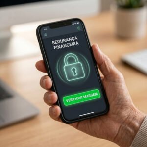 Mão de idoso segurando celular com ícone de segurança e botão para verificar margem de empréstimo.